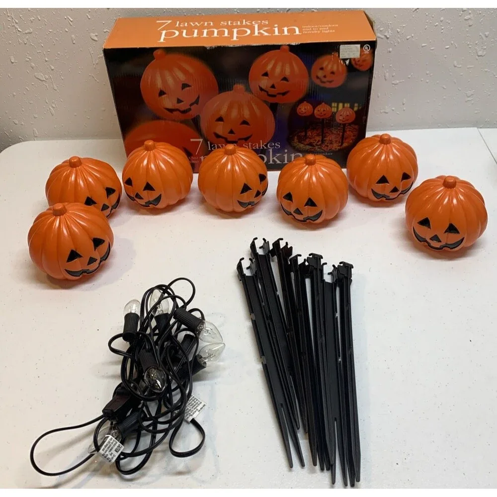 Vintage Blow Mold Halloween Pumpkin Lights Lawn Stakes Orange Jack O Lantern